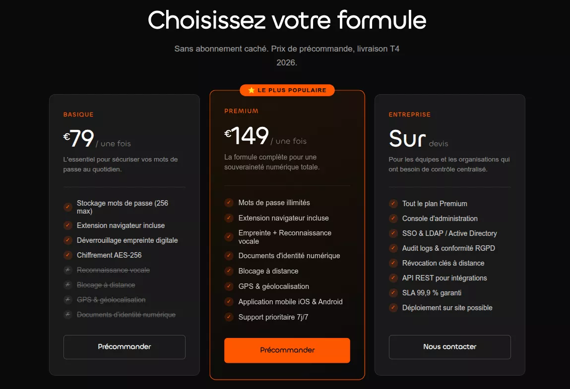 Capture d'écran de la section choisir sa formule du site web Securycle